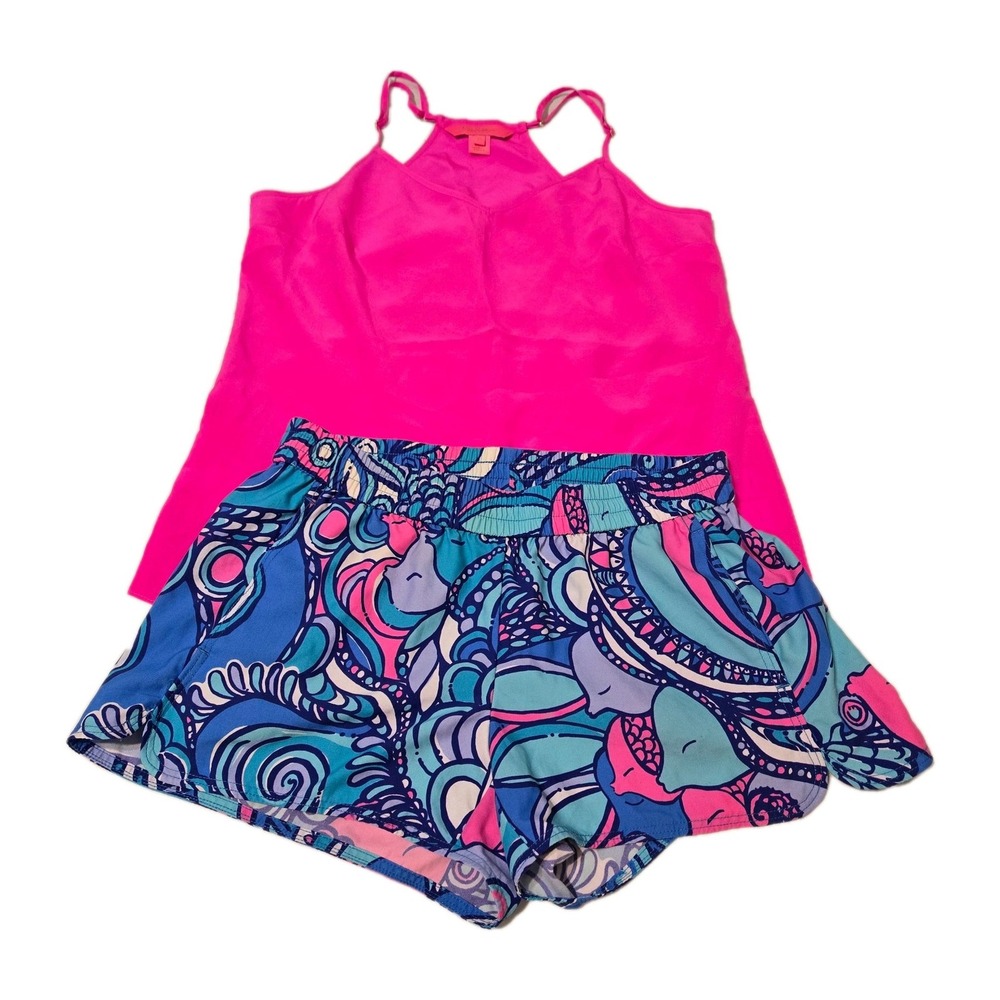 Lilly Pulitzer 2 Piece Set Top 100% Silk Adjustable Straps Luxletic Shorts XS